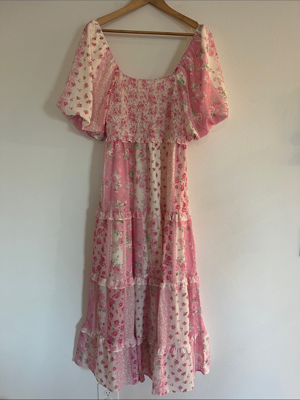 Peach Love Pink Floral Tiered Puff Sleeve Midi Dress
